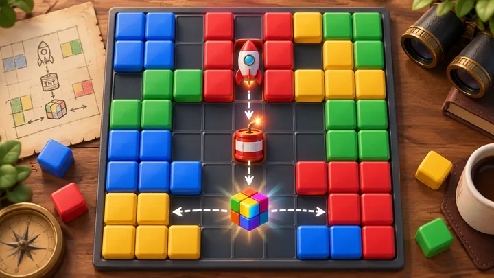 Editorial strategy board with toy cubes, a rocket, a bomb and a colour cube