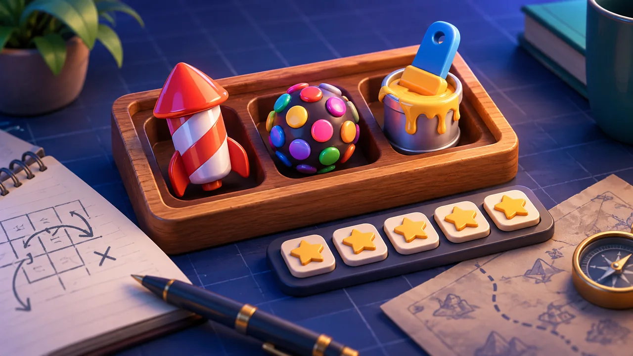 Wooden strategy tray holding a rocket, colour bomb and paint booster beside a limited row of move tokens