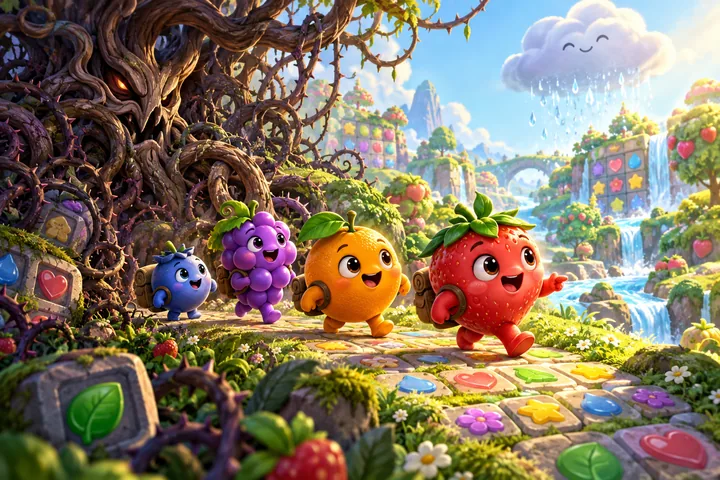 Editorial illustration of fruit puzzle characters leaving a tangled tree for a rain cloud