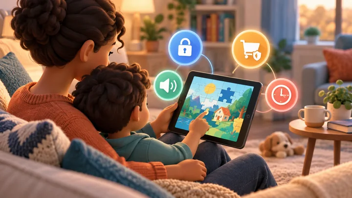 Parent and child reviewing a puzzle game together with privacy, purchase, sound and playtime controls