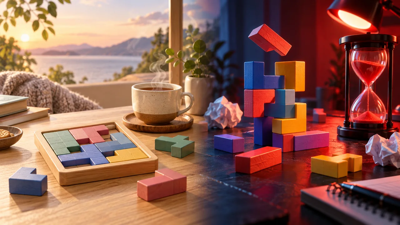 Split editorial scene comparing calm puzzle play with a high-pressure timed puzzle