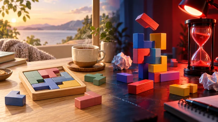 Split editorial scene comparing calm puzzle play with a high-pressure timed puzzle