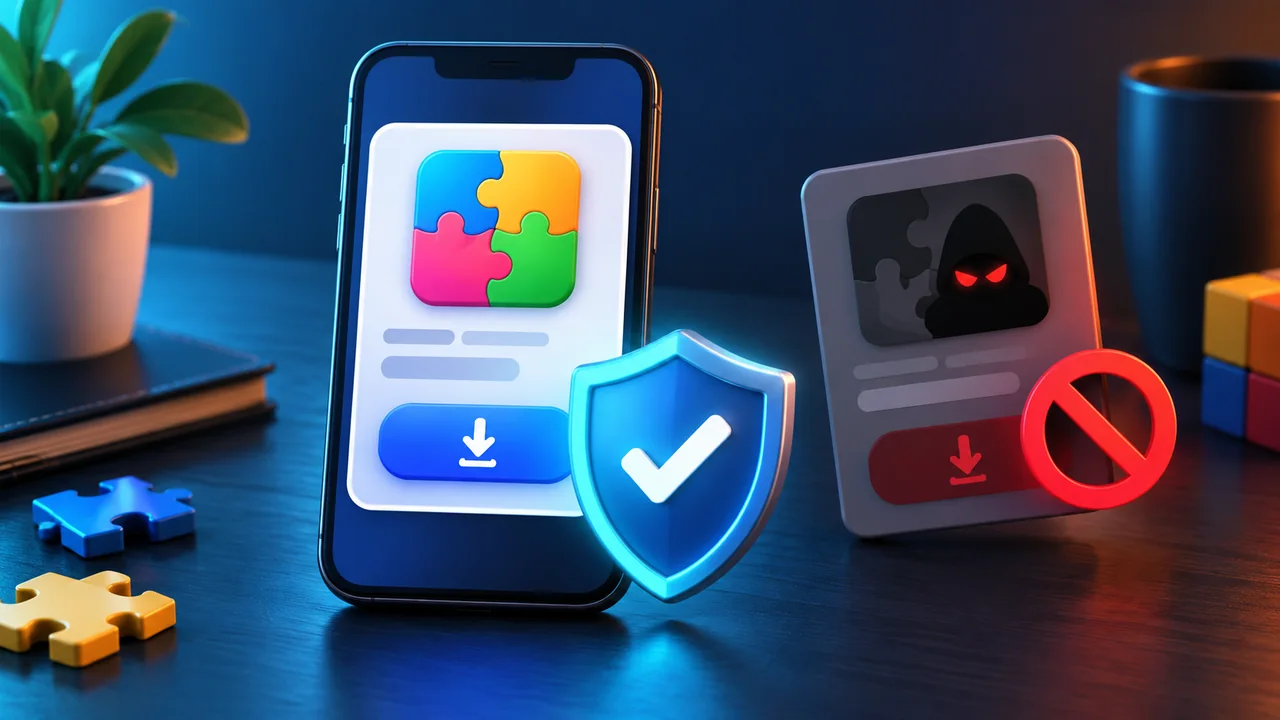 Illustrated phone with a verified download shield beside a blocked suspicious download card